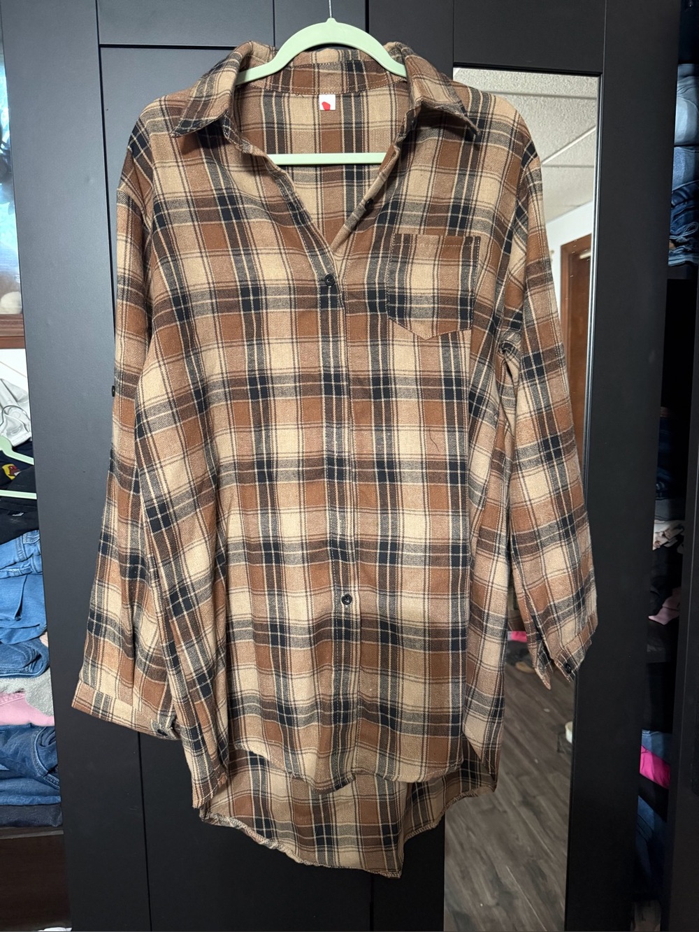 Women’s Brown Plaid Button-Up Casual Tunic Shirt with Chest Pocket
